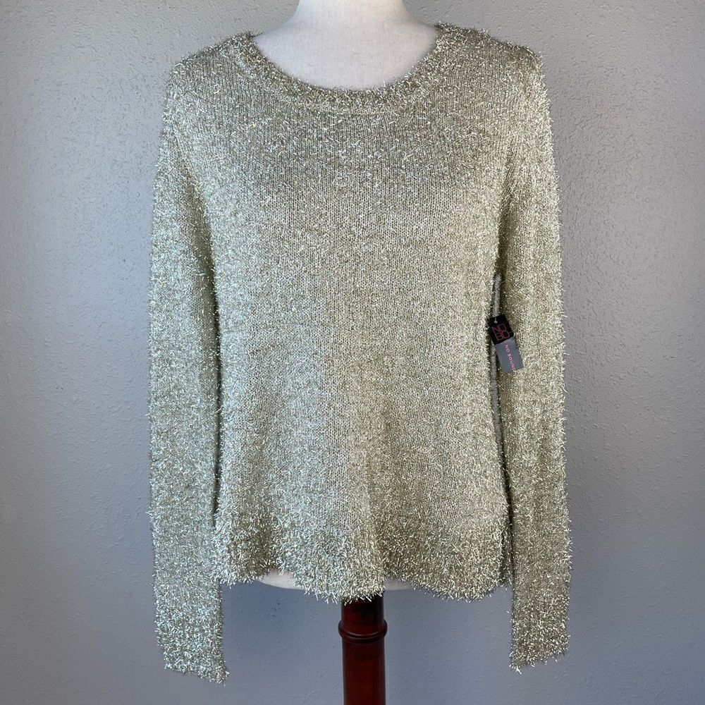 NWT No Boundaries Metallic Gold Feather Yarn Sweater Size L Juniors